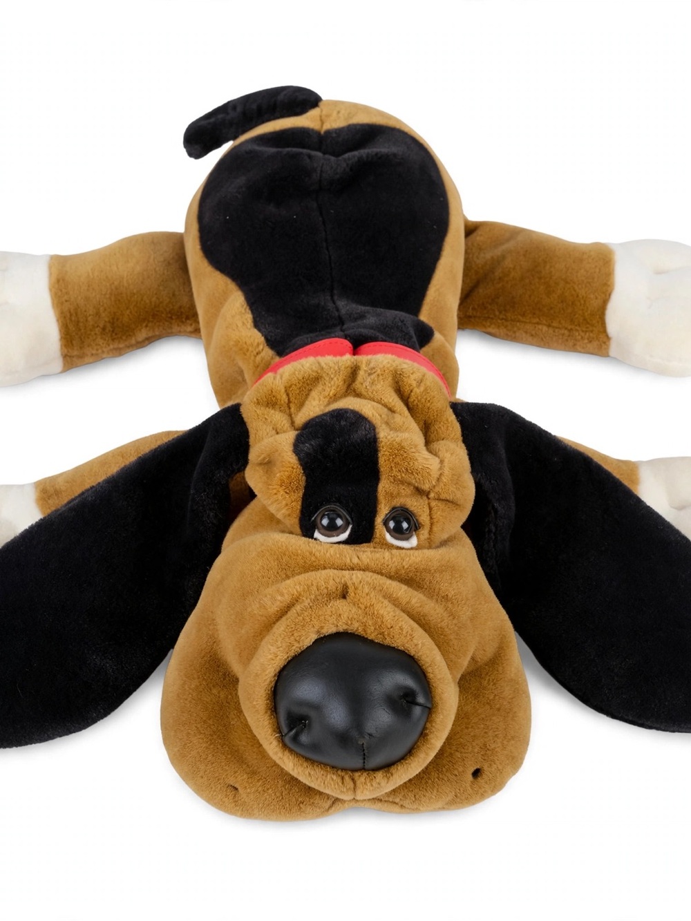 Vintage 80s Plush Stuffed Dog Brown Black White Red Collar Floppy Ears 20”